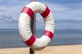 Lifebuoys for tourists are prepared in front of the resort