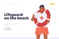 Lifeguard on beach landing page design template with happy lifesaver male character portrait