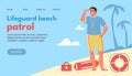 Lifeguard beach patrol website mockup with lifesaver flat vector illustration.