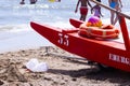 Lifeguard boat at the beach in summer. Rimini, Italy.