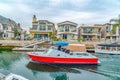 Lifeguard boat on canal in resort like neighborhood of Long Beach California