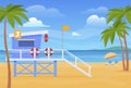 Lifeguard booth empty summer sand beach vector flat illustration. Peaceful relaxation landscape sea