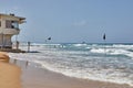 Lifeguard booth on the shore of the Mediterranean Sea, view of Haifa and sky with clouds Royalty Free Stock Photo