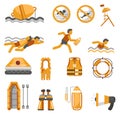 Lifeguard equipment items and swimming safety warning signs set