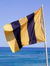 Lifeguard flag yellow black on beach ocean coast in blue sea and sky Royalty Free Stock Photo