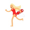 Lifeguard girl character in a red swimsuit running with life preserver buoy Illustration Royalty Free Stock Photo