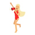 Lifeguard girl character in a red swimsuit yelling through a megaphone Illustration