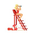 Lifeguard girl in a red swimsuit sitting on lookout tower and looking at binoculars, rescuer professional vector