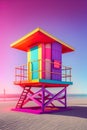 Lifeguard hut on the beach at sunset. 3D illustration.