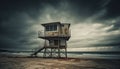 Lifeguard hut on deserted coastline, overcast sky generated by AI