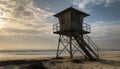 Lifeguard hut on tranquil coastline, sunset sky generated by AI