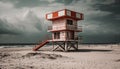 Lifeguard hut on tranquil coastline, warning sign posted generated by AI