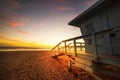 Lifeguard hut in world famous Santa Monica beach at sunset Royalty Free Stock Photo