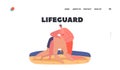 Lifeguard Landing Page Template. Man Rescuer Save Life to Victim on Ocean Beach. Character Help to Drowned Person