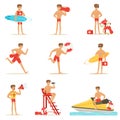 Lifeguard man character doing his job. Water rescue vector Illustrations