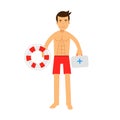 Lifeguard man character on duty holding lifebuoy and first aid kit Illustration