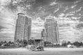 lifeguard patrol station on miami beach with skyscrapers