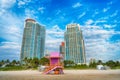 lifeguard patrol station on miami beach with skyscrapers