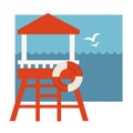 Lifeguard post with lifebuoy near sea with seagulls Royalty Free Stock Photo