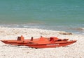 Lifeguard, rescue boat, on gravel, coastline of, Fossacesia beach, Italy, on Adriatic sea