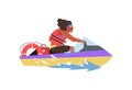 Lifeguard riding on rescue patrol jet ski, flat vector illustration isolated.