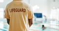 Lifeguard safety, swimming pool and back of person ready for job, rescue support or helping with danger, security or