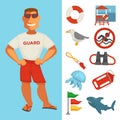 Lifeguard or sea guard watch and water rescue vector flat icons