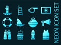 Lifeguard set icons. Blue glowing neon style. Royalty Free Stock Photo