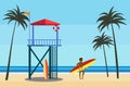 Lifeguard station on the beach palms, surfer, coast ocean, sea. Summer tropical landscape, vector