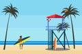 Lifeguard station on the beach palms, surfer, coast ocean, sea. Summer tropical landscape, vector