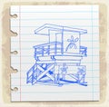 Lifeguard station on paper note, vector illustration