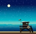 Lifeguard station, sea, night sky and beach. Royalty Free Stock Photo