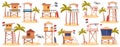 Lifeguard stations flat illustrations set. Wooden buildings for life-saver with lifebuoy, umbrella on beach