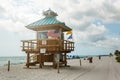 Lifeguard tower on the beach, Atlantic Ocean blue sky, palms at the background.  Famous beach Royalty Free Stock Photo