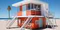 A lifeguard tower on the beach with stairs. Generative AI image.
