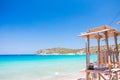 Lifeguard tower at beautiful blue beach. Greece, Crete, Voulisma beach. Lifeguard cabin on the beach. Royalty Free Stock Photo
