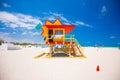 Lifeguard tower in a colorful Art Deco style, with blue sky and Atlantic Ocean in the background. World famous travel location. So Royalty Free Stock Photo