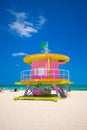 Lifeguard tower in a colorful Art Deco style, with blue sky and Atlantic Ocean in the background. World famous travel location. So Royalty Free Stock Photo