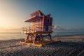 Lifeguard tower in early morning light. Fine sand shore in Miami Beach Royalty Free Stock Photo