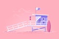 Lifeguard tower with flag on the beach. Modern vector illustration