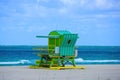 Lifeguard tower in Miami Beach. Sunny summer day, with blue sky and Atlantic Ocean. Sandy Tropical Scene. Royalty Free Stock Photo