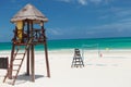 Lifeguard tower near a beach voley field Royalty Free Stock Photo