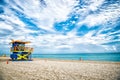 Lifeguard tower for rescue baywatch on beach in Miami, USA