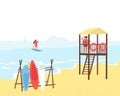 A lifeguard on a tower by the sea watches a girl floating on the water Royalty Free Stock Photo