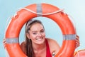 Lifeguard woman on duty with ring buoy lifebuoy. Royalty Free Stock Photo