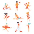 Lifeguards on duty set, male and female professional rescuer character working on the beach vector Illustration on a