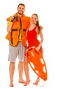 Lifeguards in life vest with rescue buoy.