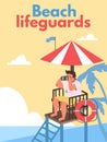 Lifeguards poster with rescuer watching beach safety, flat vector illustration.