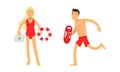 Lifeguards in red uniform with rescue buoys set. Man and woman rofessional rescuers at the beach vector illustration