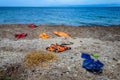 Lifejackets left by refugees on the shore of Lesvos